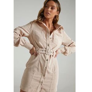 Showpo Lida Long Sleeve Belted Corduroy Mini Dress Cream